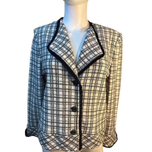 St. John Vintage Black & White Plaid Tweed Jacket With Contrast Trim Size M EUC - Picture 1 of 8